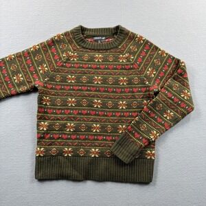 Toad&Co Sweater Womens XS Green Fair Isle Heart Crew Neck Wool Knit Blend
